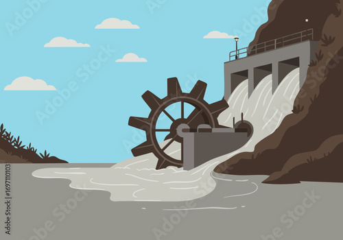stylized illustration depicts a water-powered turbine generating energy The scene showcases a dam with flowing water and a large wheel emphasizing sustainable energy