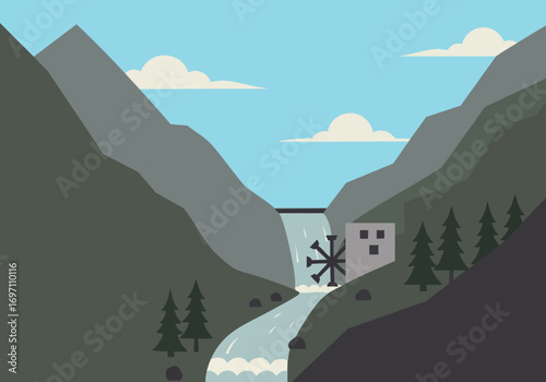 A stylized mountain landscape features a dam and waterfall, with a small house nestled beside a river. Clean lines and muted tones create a serene, modern illustration.