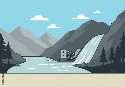 stylized mountain landscape features a powerful waterfall and hydroelectric dam  Clean lines and muted tones create a modern serene scene Ideal for nature travel or environmental themes
