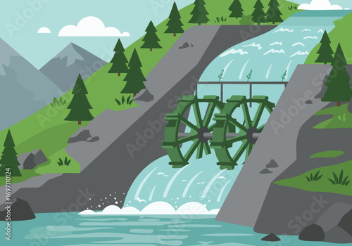 A vibrant illustration depicts a water wheel generating power amidst a scenic mountain landscape. Eco-friendly energy is showcased in this clean, modern design.