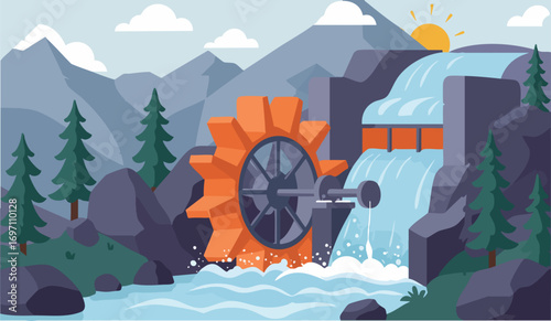 vibrant illustration depicts a water wheel generating power amidst a scenic waterfall landscape  Bold colors and a stylized design create a captivating visual