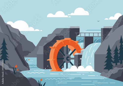 A vibrant illustration depicts a water wheel generating power at a dam. Scenic mountains and a waterfall create a captivating backdrop. Modern, clean design.