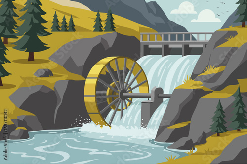 vibrant illustration depicts a water wheel generating power at a river crossing A stylized bridge spans the falls showcasing a picturesque modern landscape