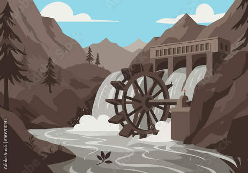 A vintage water wheel power station nestled in a scenic mountain landscape.  Illustrative style, showcasing sustainable energy.  Dramatic waterfall and natural backdrop.