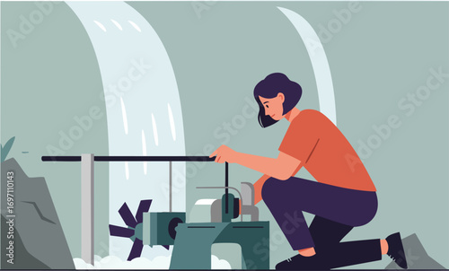 A woman installs a small turbine at a waterfall. She?s kneeling, adjusting the mechanism. A clean, modern illustration style.