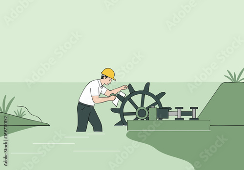 A worker inspects a water wheel, maintaining hydropower. Clean lines, simple composition, and a focus on industrial heritage. Suitable for business and energy themes.