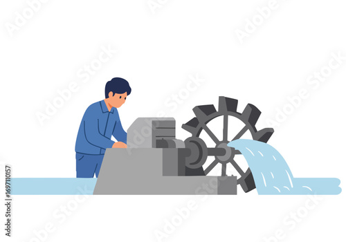 A worker oversees a water wheel, demonstrating sustainable energy. Clear composition, bright colors, and a focus on the mechanical process. Suitable for environmental or industrial themes.