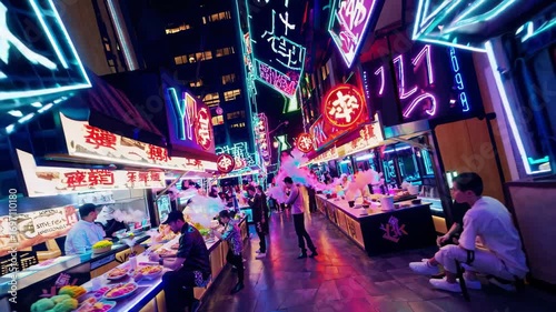 Drone looks down busy alley lined with glowing signs, tokyo neon lights paint streets, night walkers film bright tokyo neon vibe across pulsing tokyo neon canyon. Concept nightlife
