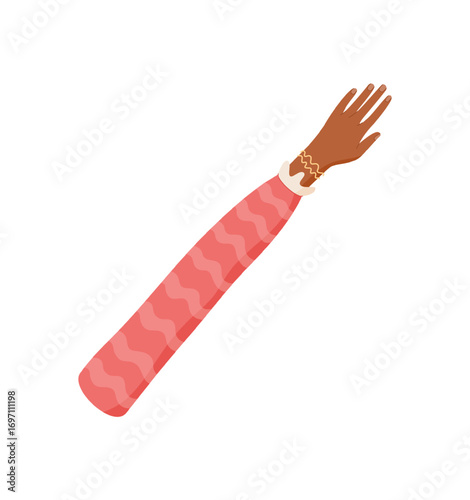 Open diverse hand symbol in flat style. Open human arm with distinct gesture and colorful details. Representation of equality, community, and support. Creative concept for cultural unity aid