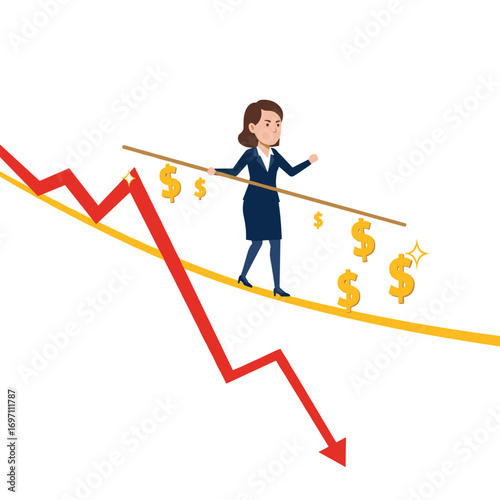 Businesswoman balancing on a line while managing finances and profits  