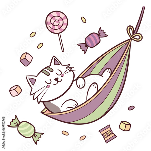 Mischievous Maine Coon with in a hammock, set in a charming Birthday theme – Candy Shop color vector art