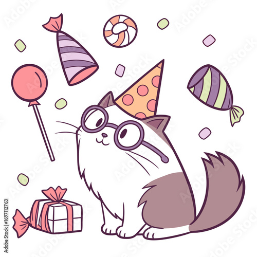 SVG art: A Bashful Maine Coon in a Birthday vibe with wearing glasses, tinted with Candy Shop tones