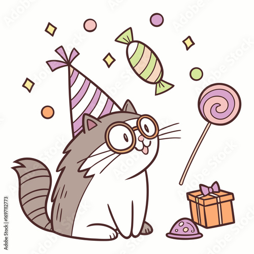 SVG art: A Bashful Maine Coon in a Birthday vibe with wearing glasses, tinted with Candy Shop tones