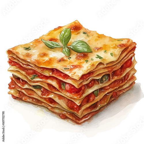 watercolor vector of Lasagna, isolated on a white background.
