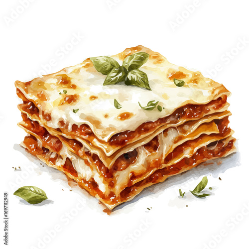 watercolor vector of Lasagna, isolated on a white background.