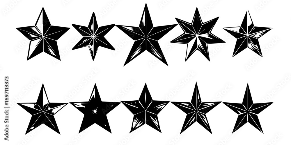 Fototapeta premium Star Illustrations Set | Black and White Star Designs, Grunge Retro Star Vector Pack, Geometric Star Icons, Decorative Star Clipart Collection