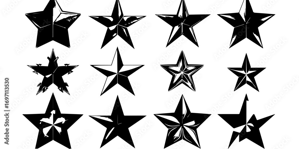Fototapeta premium Star Illustrations Set | Black and White Star Designs, Grunge Retro Star Vector Pack, Geometric Star Icons, Decorative Star Clipart Collection