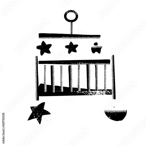 Vector Charming baby crib with mobile and stars.