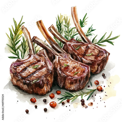 Lamb Chops, watercolor clipart vector, isolated on a white background.