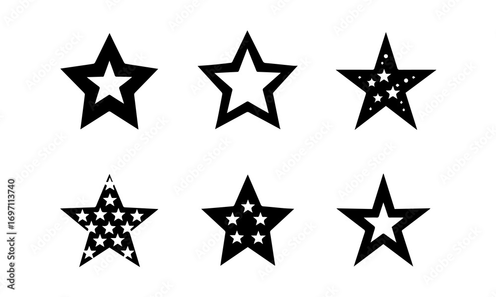 Fototapeta premium Set of black star icons and starburst shapes on white background. Collection of various decorative stars in different outlines and fills. Geometric celestial illustration elements.
