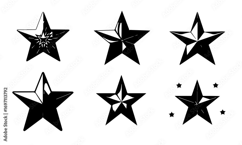 Fototapeta premium Set of black star icons and starburst shapes on white background. Collection of various decorative stars in different outlines and fills. Geometric celestial illustration elements.