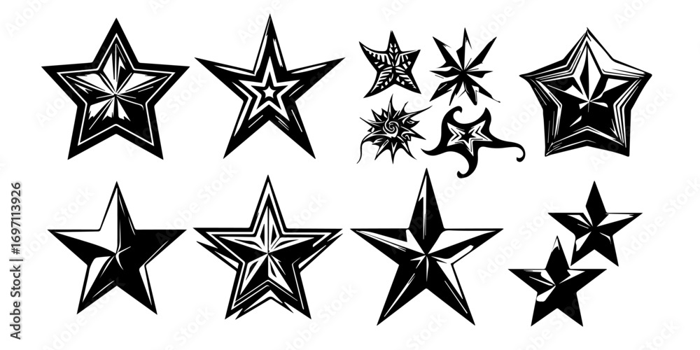 Fototapeta premium Set of black star icons and starburst shapes on white background. Collection of various decorative stars in different outlines and fills. Geometric celestial illustration elements.