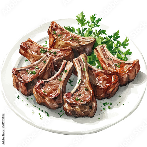 watercolor of Lamb Chops, vector, isolated on a white background.