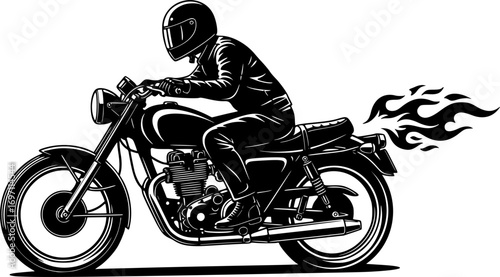 Motorcyclist Riding at High Speed with Helmet and Jacket – Rider Symbol with Flaming Fire Effect Vector Illustration