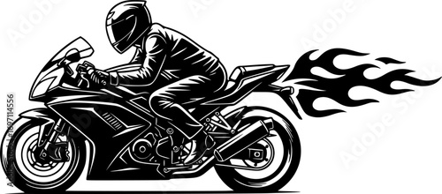 Motorcyclist Riding at High Speed with Helmet and Jacket – Rider Symbol with Flaming Fire Effect Vector Illustration