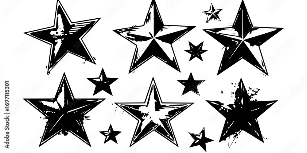 Fototapeta premium Star Illustrations Set. Black and White Star Designs, Grunge Retro Star Vector Pack, Geometric Star Icons, Decorative Star Clipart Collection