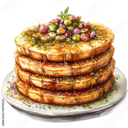 watercolor vector of Kunafa, isolated on a white background.