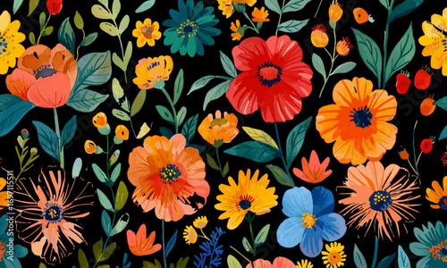 Wallpaper Mural Seamless floral patterns with colorful flowers and green leaves. Botanical illustration set with multiple variations on light and dark backgrounds. Decorative textile and fabric template. Torontodigital.ca