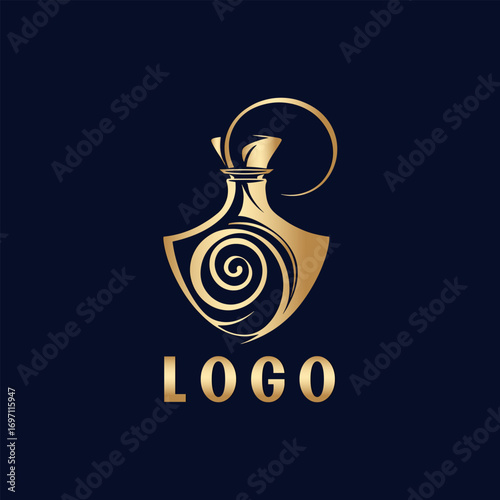 Elegant golden perfume bottle logo with swirl design