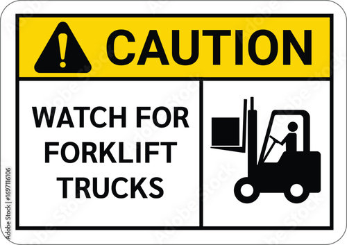 The Forklift Trucks caution Sign is a yellow and white rectangular sign with a black forklift icon and text inside.
