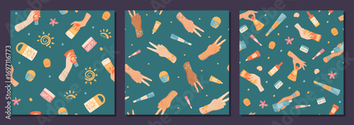 Cartoon seamless pattern with sunscreen bottle shapes and tube cream. Hand hold two bottles and lotion in summer concept. SPF sun protection in cosmetic care, repeating round rectangular forms.