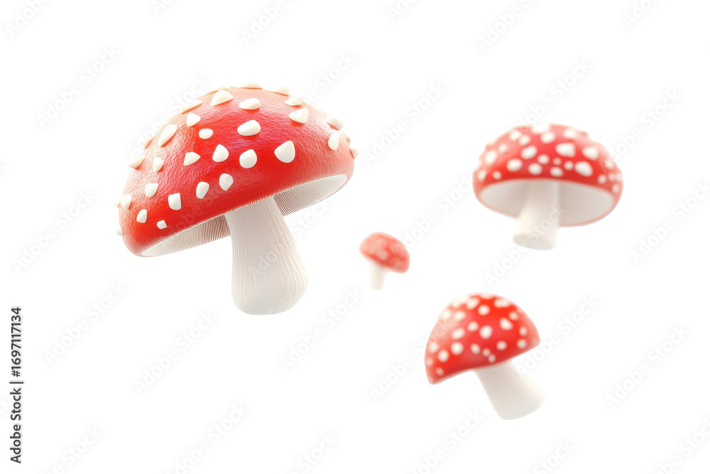 Obraz premium Group of red and white spotted fly agaric mushrooms isolated on transparent background. Fresh mushrooms falling isolated on transparent background.