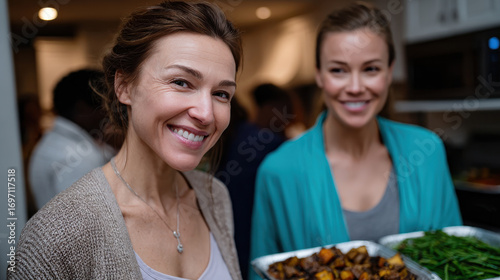 Two smiling women joyfully prepare a meal together in a friendly kitchen, showcasing their bond and collaboration through the warmth of shared culinary experiences.