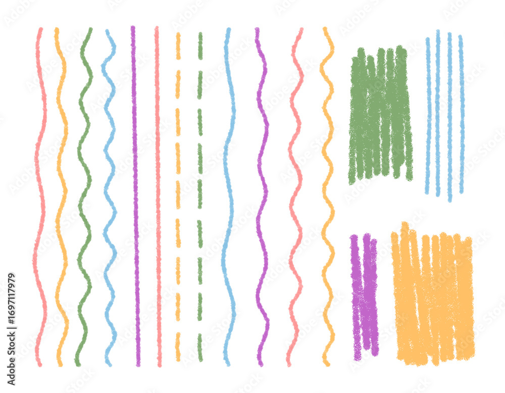 Fototapeta premium Crayon pastel stripe set in chalk style with rectangle element and underline line highlight. Scribble stroke sketch for colorful art element, modern decoration and abstract pack.