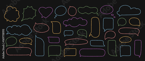 Organic chalk contour speech bubble set with round and circle cloud forms. Comic textbox and chat box create message speech shape in bright color, playful outline style for modern communication