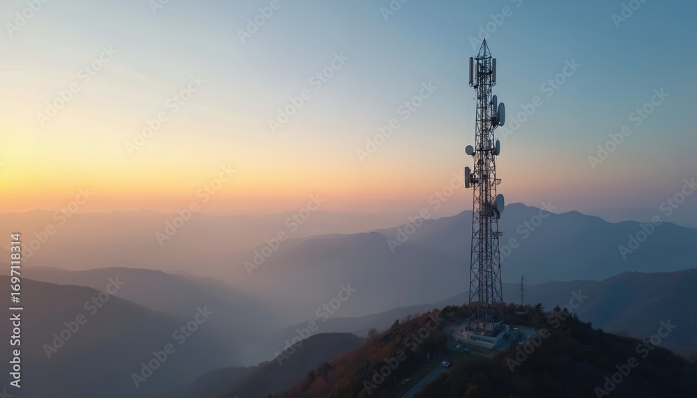 Obraz premium Telecommunication tower on mountain peak at sunset. Aerial view of wireless infrastructure transmitting signal across scenic landscape. Evening illumination on antennae, antennas against hazy sky.