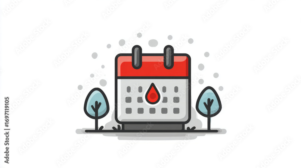 Naklejka premium Menstrual cycle calendar icon with red droplet symbol and trees
