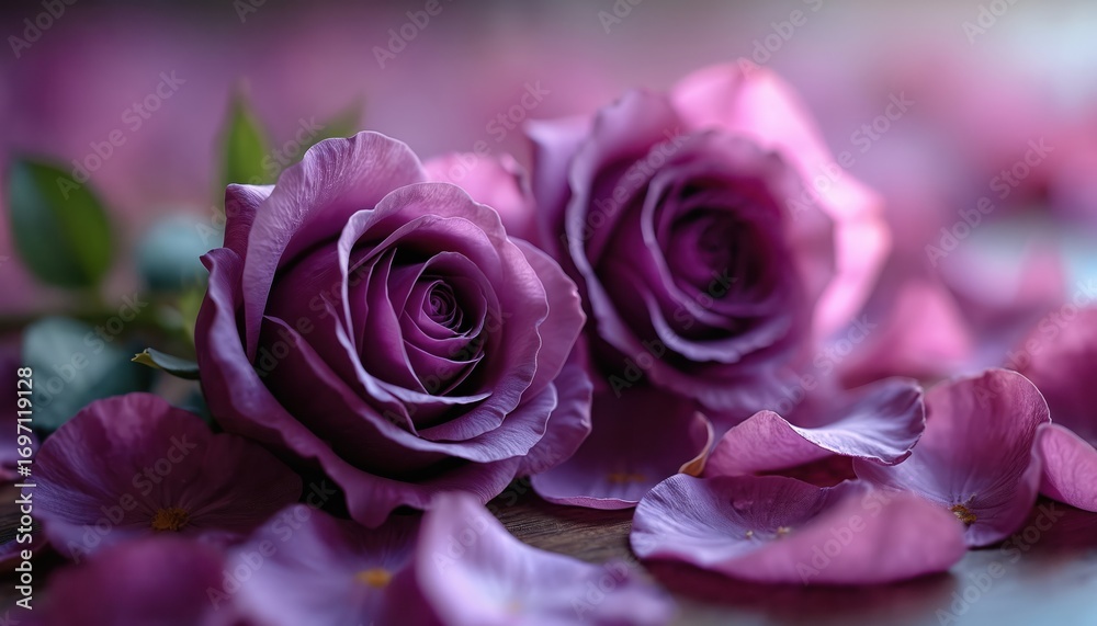Fototapeta premium Macro shot of two purple roses with scattered petals. Delicate blooms show soft texture, vibrant colors. Focus on intricate details, suitable for romantic themes, weddings, celebrations, garden