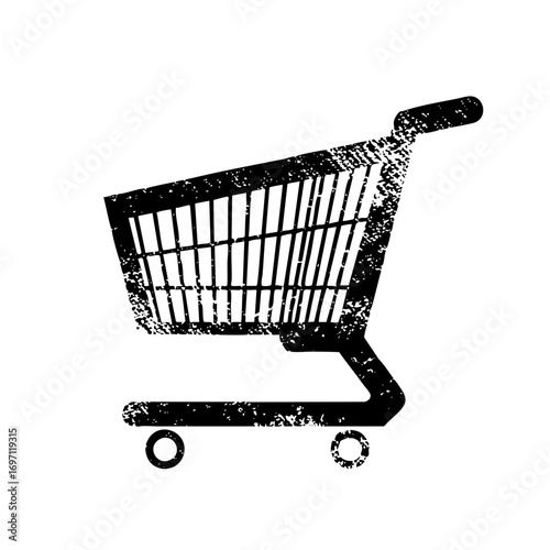 Vector Distressed shopping cart depicts retail and consumerism.
