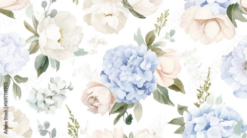 Seamless Watercolor Floral Border with Hydrangea, Myosotis, Rose, Flowers with Leaves on White Background, Fashion, Fabric Patterns, Wallpapers, Prints, Wedding invitations, clipart