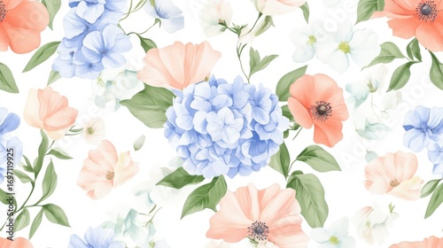 Seamless Watercolor Floral Border with Hydrangea, Myosotis, Rose, Flowers with Leaves on White Background, Fashion, Fabric Patterns, Wallpapers, Prints, Wedding invitations, clipart