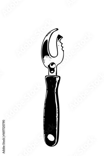 Vector Black and white of a bottle opener tool with a wooden handle.