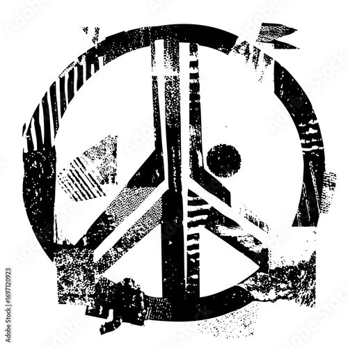Vector Distressed peace symbol featuring a central human figure.