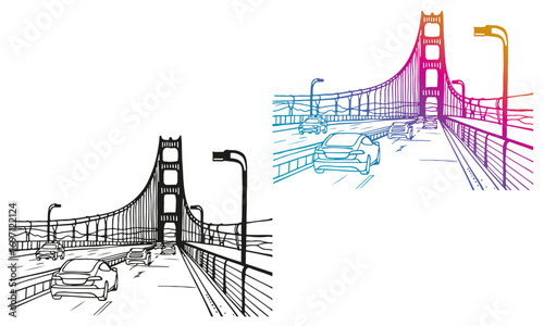 Nice view on Golden Gate Bridge. San Francisco, USA. Hand drawn line sketch. Ink drawing. Colorful and black and white vector illustration on white.	