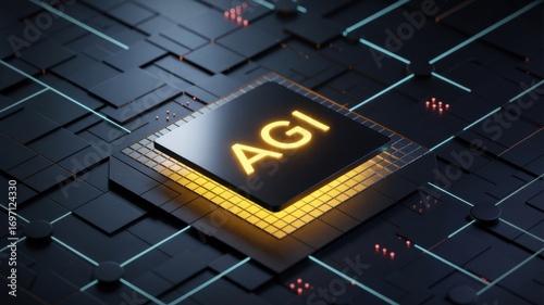 Agi artificial general intelligence concept with glowing text on a futuristic microchip, symbolizing advanced ai technology