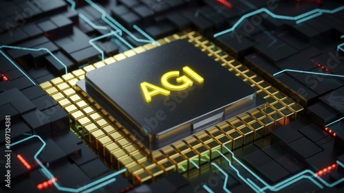 Closeup of a futuristic artificial general intelligence agi processor on a circuit board, symbolizing advanced ai technology and innovation